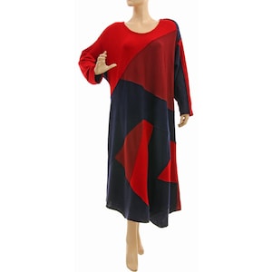 Upcycled wool maxi sweater dress plus size, fall winter wool patchwork dress red burgundy blue, lagenlook sweater dress L-XL, US size 14-20