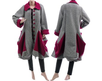 Grey magenta fall winter wool coat, lagenlook boiled wool balloon coat, grey pink wool bubble coat medium size misses size M, US size 8-12