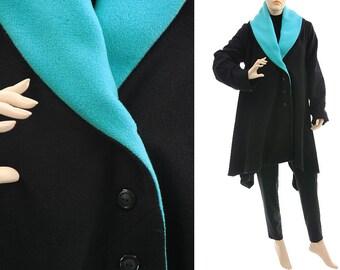 Black teal fall winter wool coat, warm stylish lined wool coat, black asymmetrical layered look coat small to misses size DE S-M, US size 8-12