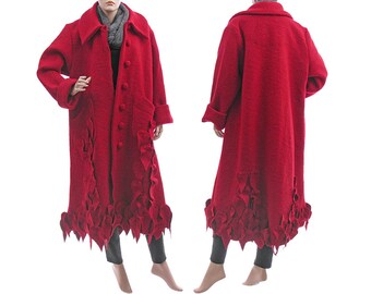 Manteau de laine grande taille, manteau rouge automne d’hiver, manteau bohème long, manteau de laine rouge avec feuilles, manteau de laine bouillie rouge lagenlook DE L-XL, US taille 16-20