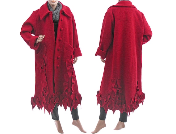 Plus size wool coat red fall winter coat long boho coat red wool coat with leaves lagenlook red boiled wool coat DE L XL US size 16 20