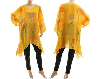 Tunique robe en lin jaune avec tulipes, robe tunique de fête d’été en lin jaune peinte à la main, s’adapte à la taille moyenne à plus DE M-XL taille US 12-20