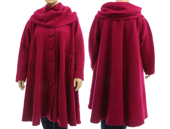 Magenta Plus Size Wool Swing Coat, Fall Winter Purple Pink Coat Separate  Hood, Oversized Boiled Wool Layered Look Coat L-XXXL, US Size 16-24 