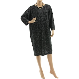 Black sweater dress with silver glitter, plus size black merino wool sweater dress, black knitted wool occasions dress L-XL, US size 14-18