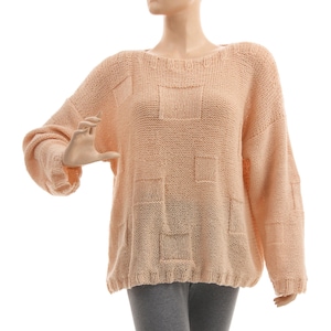 Hand knitted alpaca sweater in pale peach, cute oversized wool sweater, comfortable warm pullover misses to plus size M-L, US size 10-14