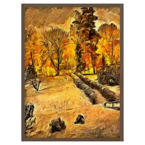 Könnte beinhalten: Ein impressionistisches Gemälde einer Parkszene im Herbst. Das Kunstwerk zeigt einen Weg, Bäume mit orangefarbenem und gelbem Laub und einen bewölkten Himmel. Das Gemälde hat eine warme Farbpalette mit Braun- und Goldtönen.