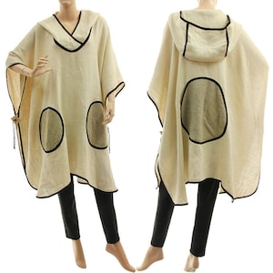 Hooded ecru linen poncho, small to plus size spring summer linen poncho, women hooded linen poncho, free size poncho S-XXL, US size 6-22