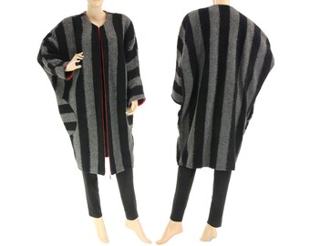 Fall winter black grey wool coat, striped plus size wool coat with zipper, lagenlook stylish batwing boiled wool coat DE L-XL, US size 14-18