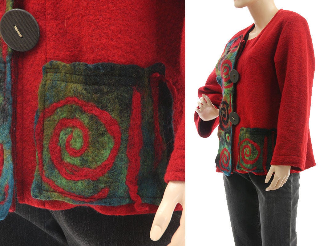 Red boiled wool coat jacket with felt, warm fall winter wool coat