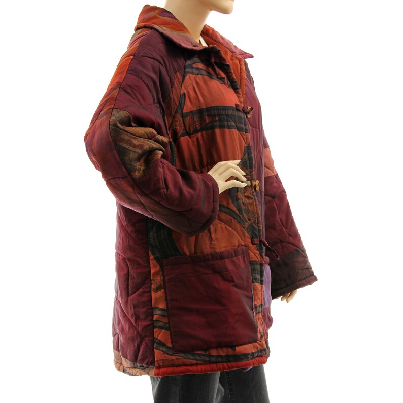 Purple red upcycled silk jacket coat, patchwork pure silk coat jacket, loose silk coat fits misses to plus size, DE size M-L, US size 12-16 image 3