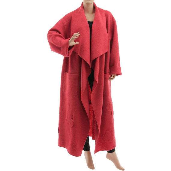 Coral Red Maxi Merino Wool Women Waterfall Coat, Plus Size Long