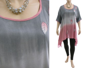 Summer tunic in gray pink with leaves, oversized hand dyed A-line tunic, layered look gray pink viscose tunic plus size XL-XXL, US size 18-24