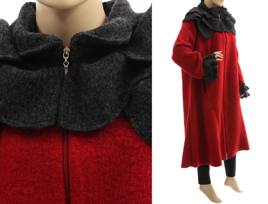 Red Plus Size Wool Coat Fall Winter Wool Coat With Rose Etsy