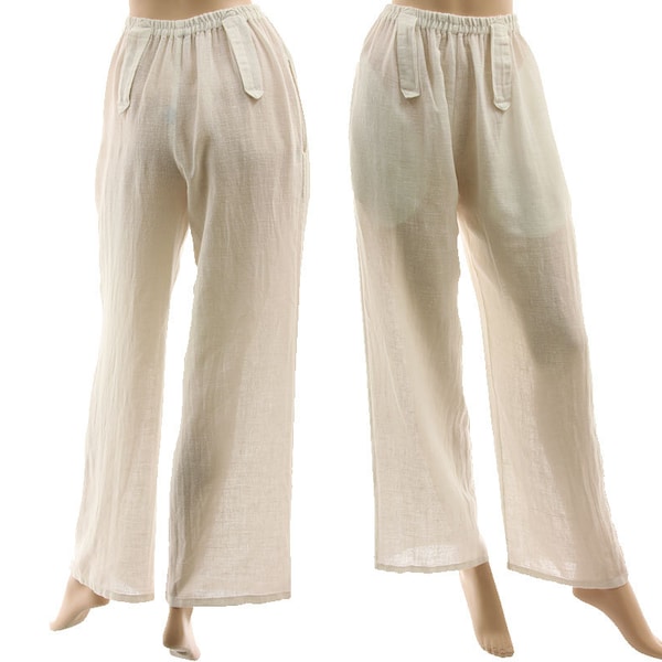Pantalon long blanc en coton lin, pantalon jambes larges, pantalon de plage d’été lagenlook coton lin blanc pour petite à moyenne taille S-M, US taille 6-10