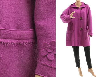 Hooded purple pink wool flared coat, merino felted boiled wool coat with flowers, plus size warm oversized wool coat DE L-XL, US size 16-20