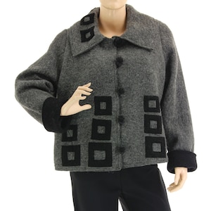 Gray wool jacket coat, fall winter spring wool jacket, boiled wool jacket with black squares, misses to plus coat size DE M-L, US size 12-16