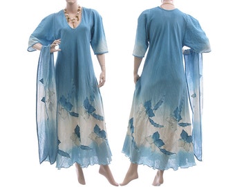 Blue hand dyed maxi flower dress with scarf, wedding summer party blue dress, cotton sundress in blue medium to plus size M-L, US size 10-14