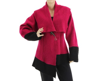 Stylish wool jacket in pink black, boiled wool batwing jacket, transition period layered look jacket, small to misses size DE S-M, US size 6-12