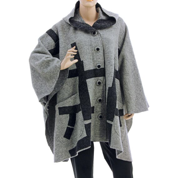 Gray Hooded Wool Poncho Cape Coat, Plus Size Fall Winter Poncho