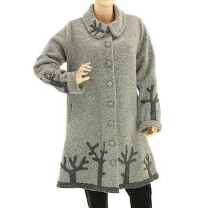 Manteau en laine bouillie grise automne-hiver, manteau en laine grise chaud avec applications de branches, manteau en laine grise pour femme grande taille, DE M-L, taille US 10-14