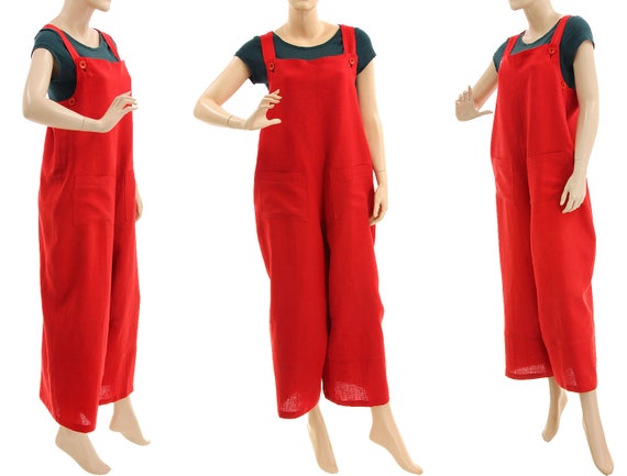 Red Linen Womens Dungarees Boho Loose 