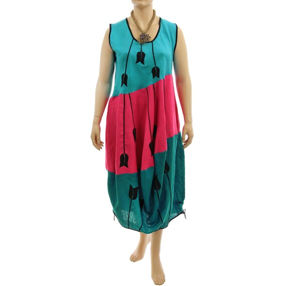 linen maxi balloon summer dress in teal pink, plus size tank pinafore linen dress, long pinafore summer party linen dress XL, US size 18-20 linen maxi balloon summer dress in teal pink, plus size tank pinafore linen dress, long pinafore summer party linen dress XL, US size 18-20