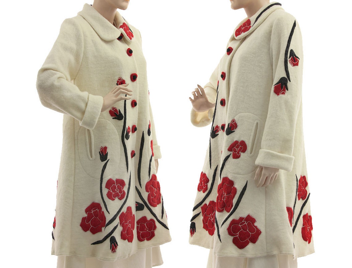 Wedding Bridal wool coat, white wedding coat with roses applications