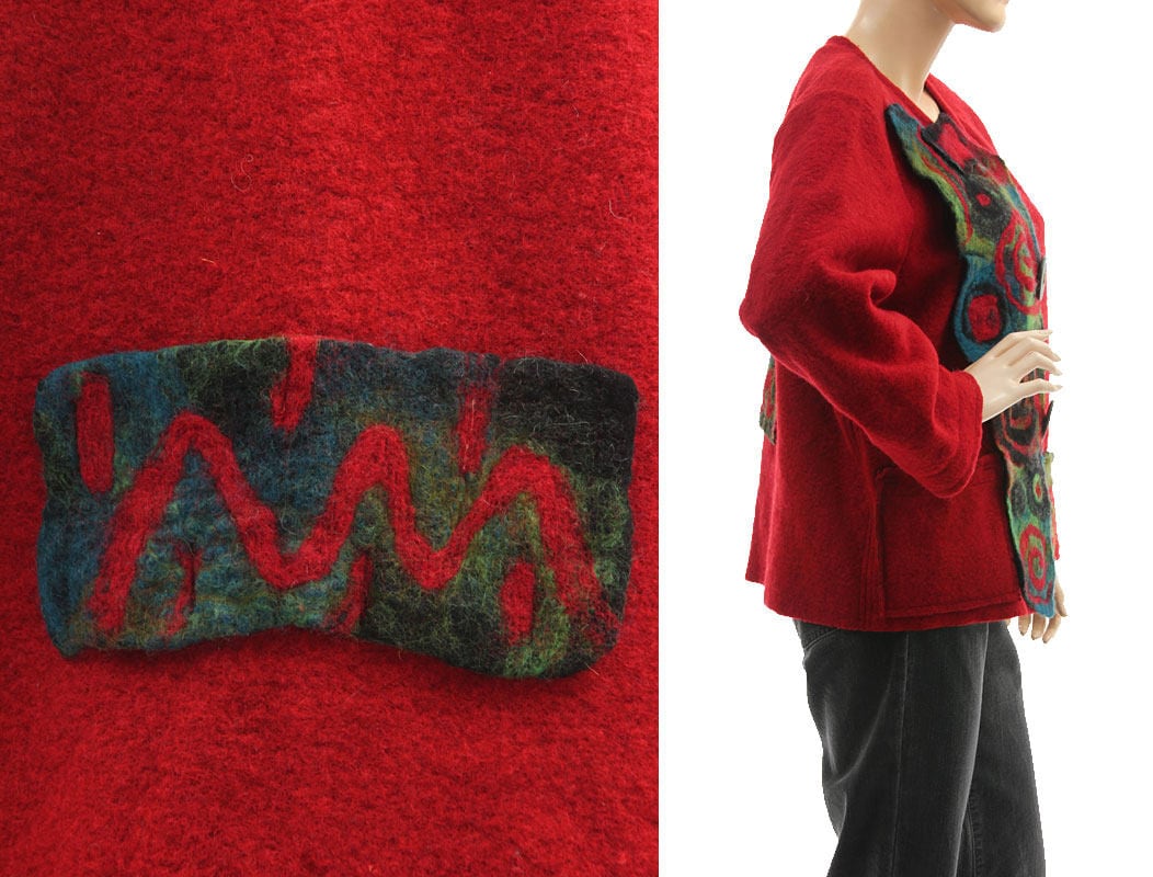 Red boiled wool coat jacket with felt, warm fall winter wool coat