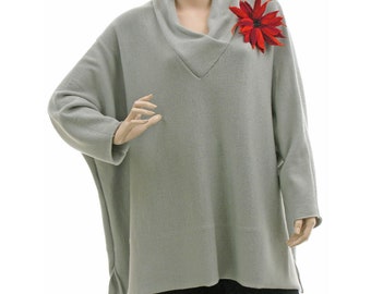 Grey merino wool plus size sweater, warm oversized knitted sweater, batwing wool sweater, loose wool pullover jumper, DE L-XL US size 12-20