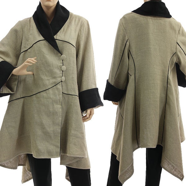 Asymmetrical linen coat in natural black, pointed lagenlook linen coat, stylish beige linen coat medium to plus size M-L, US size 10-14