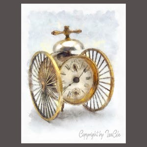 May include: Watercolor painting of a vintage clock with a silver bell and gold-colored wheels. The clock face has Roman numerals and black hands. The image has a copyright notice.
