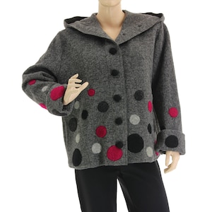 Gray wool coat jacket, polka dots boiled wool jacket, fall winter spring loose jacket coat, misses to plus size coat DE M-L, US size 12-16