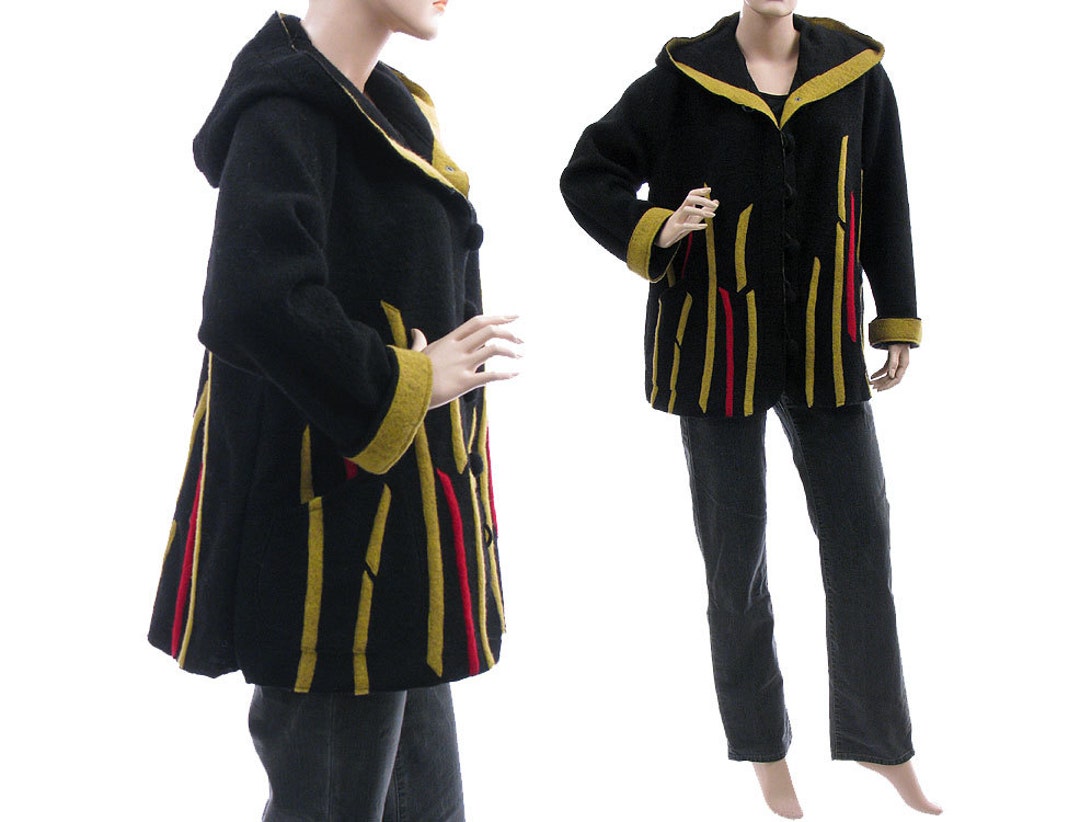 Black Hooded Wool Jacket, Plus Size Winter Fall Boiled Wool Coat