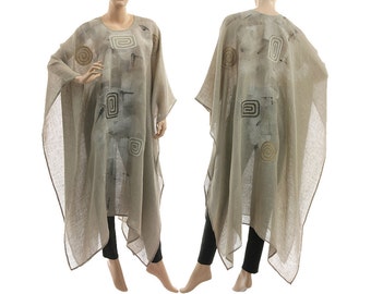 Caftano poncho in garza di lino naturale, poncho in lino naturale dipinto a mano, arte da indossare poncho per feste estive da piccolo a taglie forti S-XXL, taglia USA 6-22