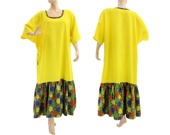 Plus size yellow linen maxi dress, ruffled boho summer party dress, loose maxi dress, long linen lagenlook dress DE size L-XL, US size 14-20