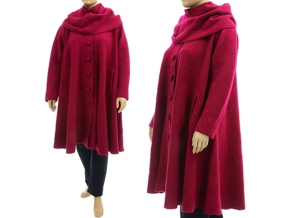 Magenta Plus Size Wool Swing Coat, Fall Winter Purple Pink Coat Separate  Hood, Oversized Boiled Wool Layered Look Coat L-XXXL, US Size 16-24 