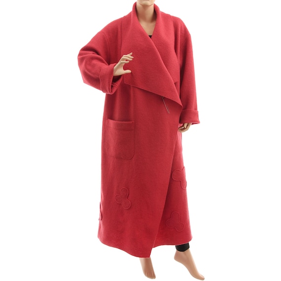 Coral Red Maxi Merino Wool Women Waterfall Coat, Plus Size Long