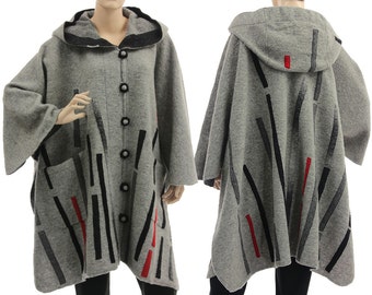 Grey boho hooded poncho cape, boiled wool poncho cape, spring fall winter poncho, lagenlook poncho small to plus size S-XXXL, US size 8-24