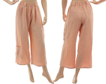 Pantalon d'été court en lin abricot, pantalon large en lin pêche, pantalon décontracté en lin, tailles S à M (DE), tailles 6 à 10 (US).