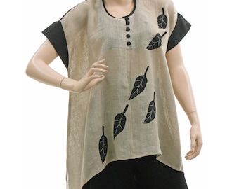 Natural linen summer tunic with black leaf applique, beige black linen shirt top, linen tunic top medium to plus DE size M-L US size 10-14