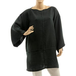 Black linen tunic top, oversized timeless linen tunic with pocket, black linen puristic tunic for small to plus size women S-L, US size 8-14