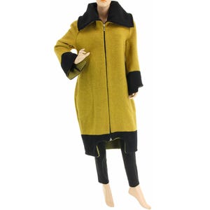 Mustard black wool knee-length coat, stylish fall winter boiled wool coat, misses to plus size comfortable wool coat, DE M-L, US size 10-14