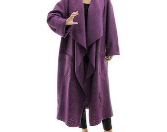 Casaco de lã merino roxo maxi feminino, casaco longo de lã feltrada plus size, casaco longo de lã roxa plus size, tamanho L-XXL EUA 14-20