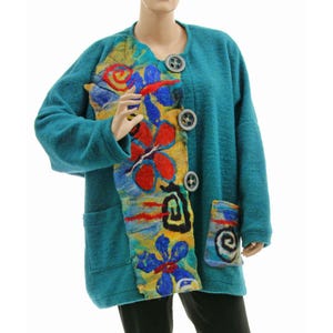Wool coat jacket in teal with handmade felt, fall winter plus size wool coat with felt, gift for her, wool coat jacket size XL-XXL US 18-24