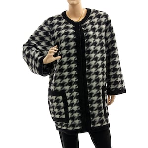 Black white houndstooth pattern wool jacket coat, black trimmed wool coat jacket, oversized plus size wool coat, DE size L-XL, US size 14-18