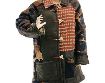 Brown patterned silk coat jacket, upcycled light as a feather patchwork silk coat, brown colors silk coat plus size DE L-XL, US size 14-18