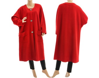 Red plus size merino wool spring coat, red must have lagenlook coat boiled felted wool, indoor outdoor red wool coat duster L-XXL, US 14-22