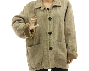 Plus size linen jacket, jacket in natural beige, warm lined linen jacket, lagenlook fall winter spring linen jacket DE L-XL, US size 14-18