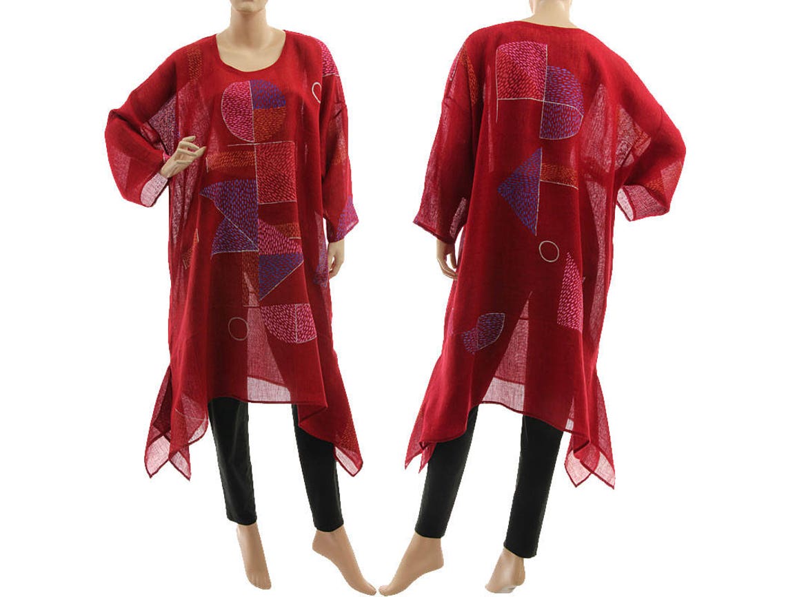 Linen gauze tunic dress in burgundy hand painted dark red Etsy.de