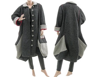 Gray boho balloon coat, fall winter boiled wool coat, warm loose gray wool coat, layered balloon coat medium to plus size L, US size 12-16